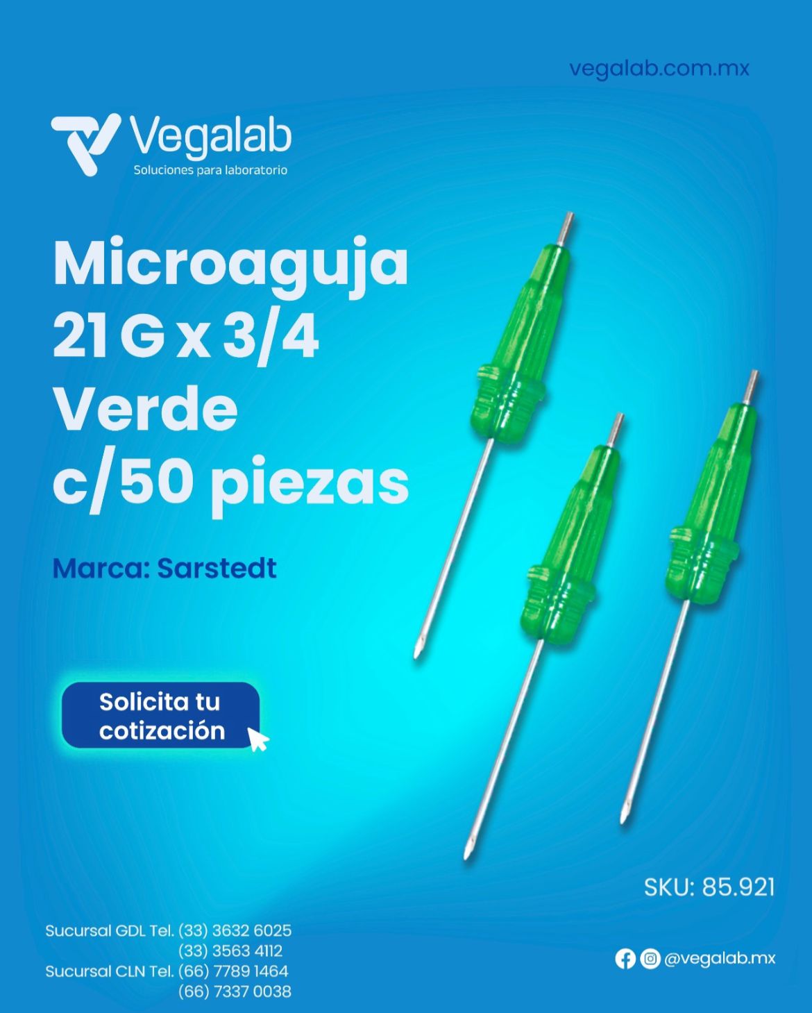 Microaguja Verde 21Gx3/4 c/50 piezas - Sarstedt Vegalab