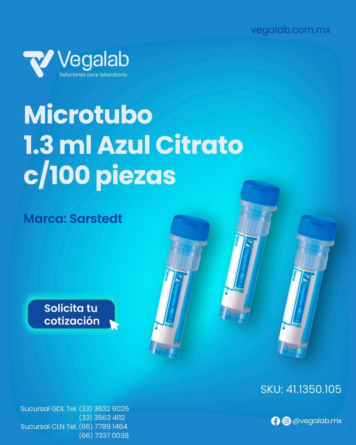 Microtubo 1.3ml Azul Citrato c/100 piezas - Sarstedt