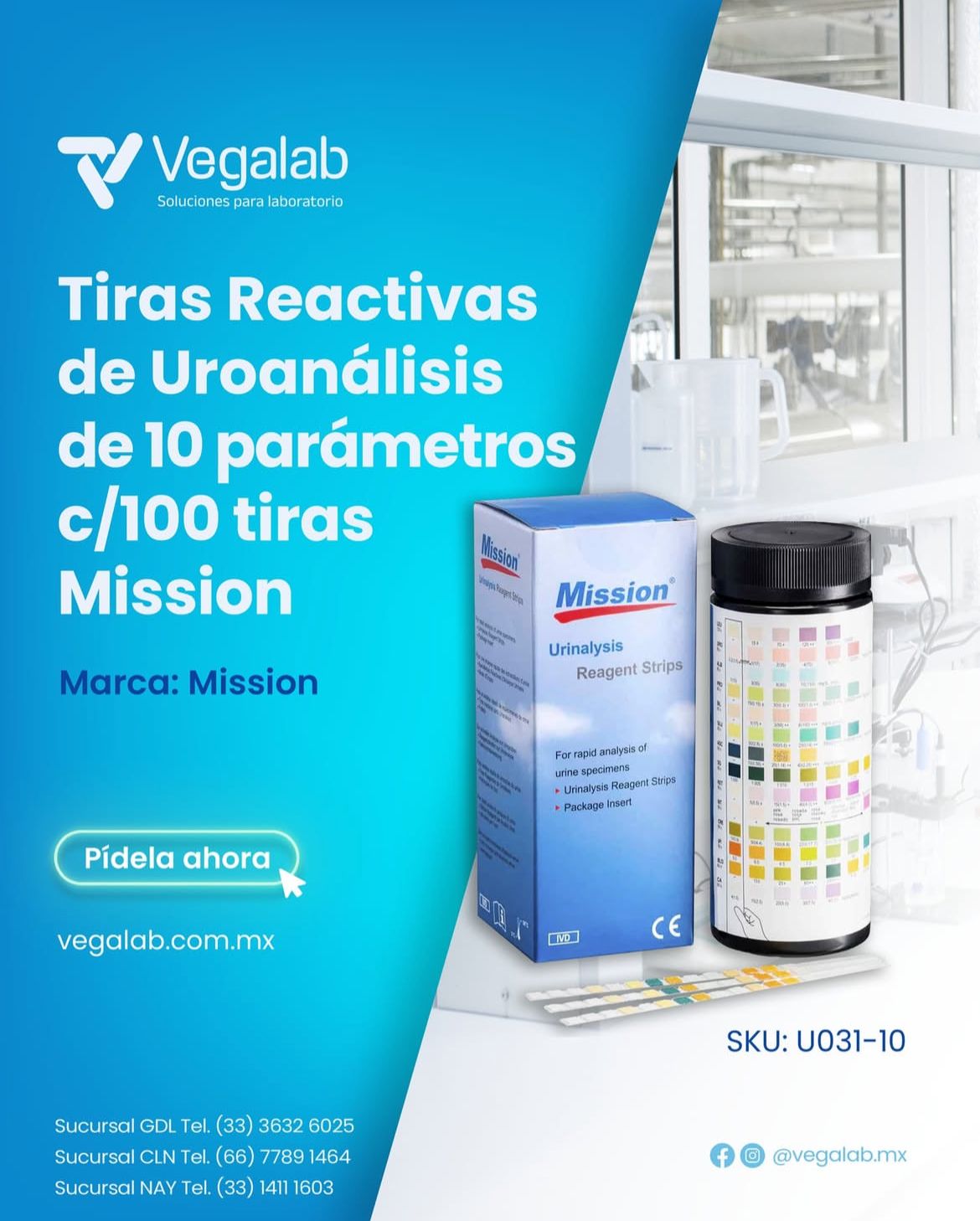 Tiras para uroanálisis de 10 parámetros c/100 Mission Mission